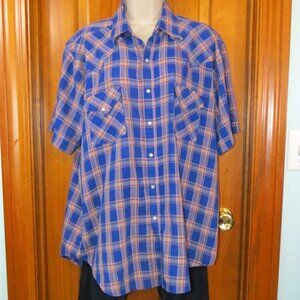 Ely Plains Women's Blue Plaid Shirt Pearl Snaps Short Sleeves Western Size Large